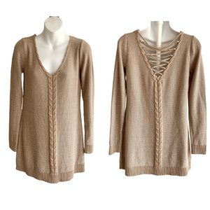 BELLDINI Criss Cross Back Long Sleeve Sweater Top. Taupe Small